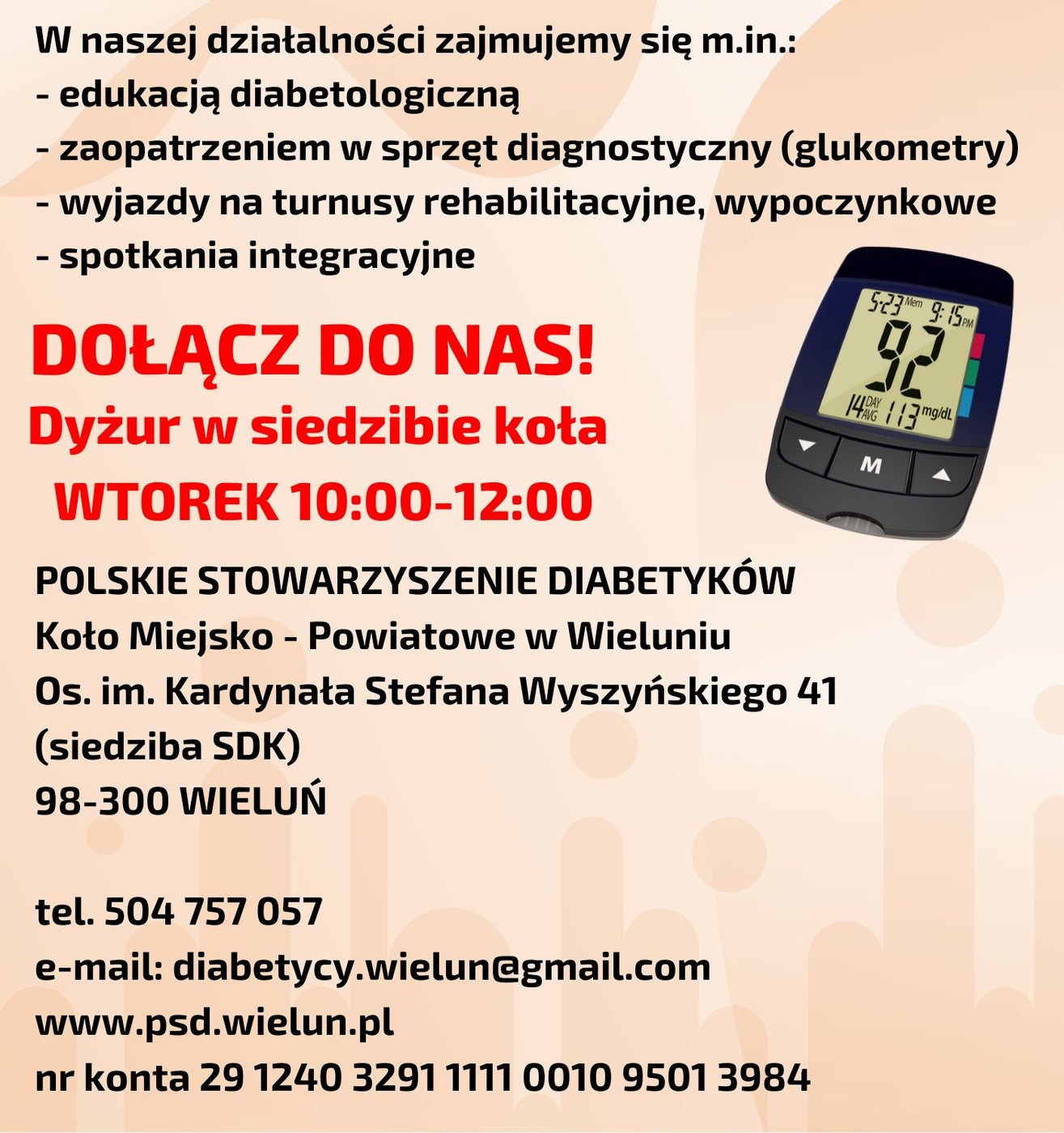 Ulotka: zakres działalności Koła, dyżur we wtorki 10-12, dane kontaktowe i numer konta
